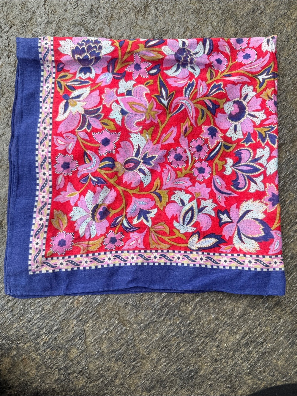 Yves Saint Laurent Red Floral Silk Scarf with Navy Border - Picture 3 of 9